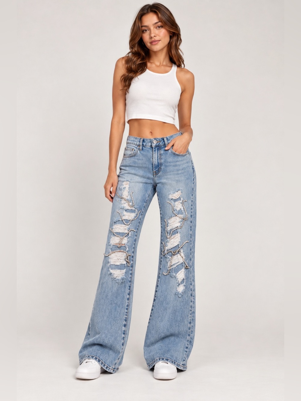 Juicy Couture Melrose Wash Indigo Rhinestone Chain Girlfriend‎ Jeans Womens 24